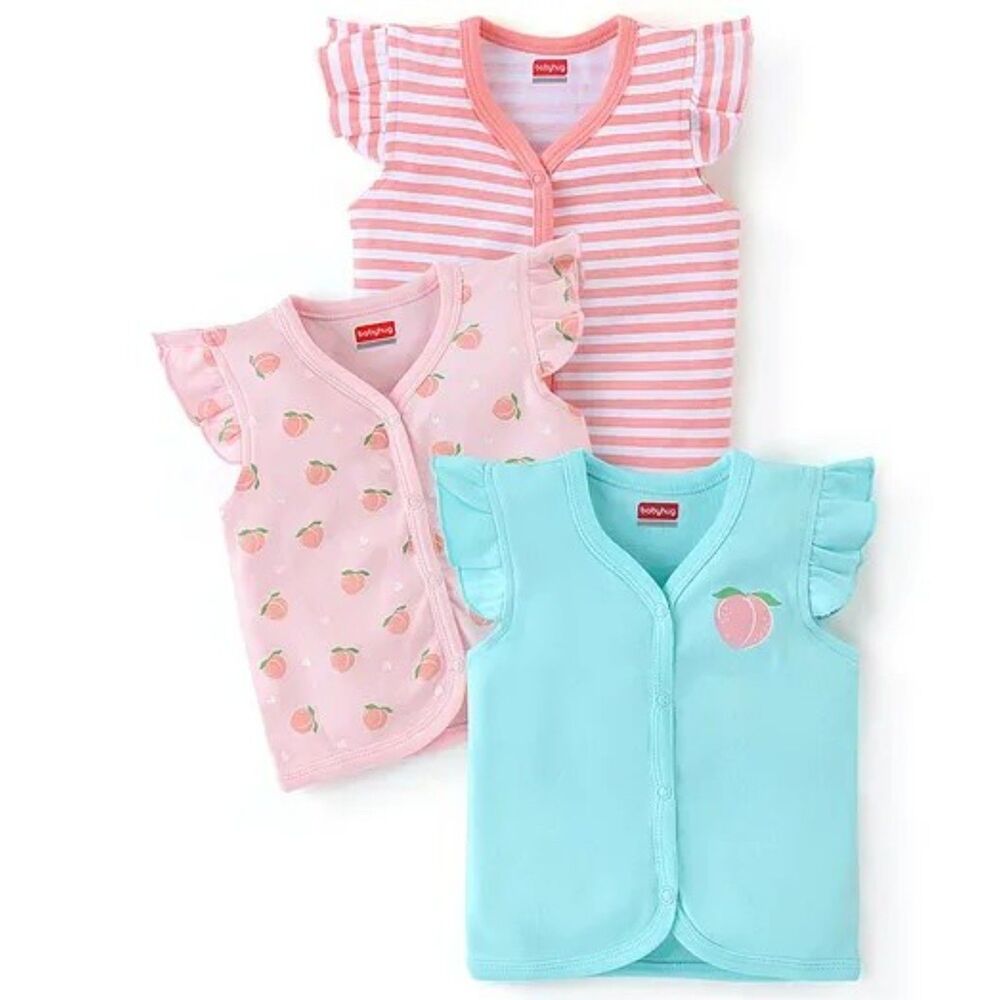 Babyhug 100% Cotton Half Sleeves Front Open Vest Pack of 3 - Pink & Blue-9-12m